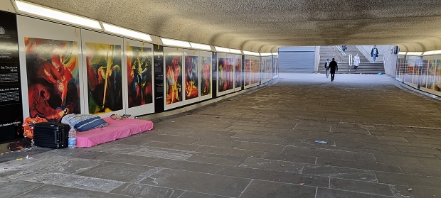 Mattress and items of a homeless person under a bridge at Tower Gateway, London, UK