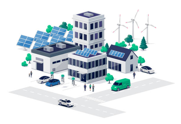 ilustrações, clipart, desenhos animados e ícones de smart sustainable city street com energia solar renovável e carregamento de carros elétricos - central de energia solar