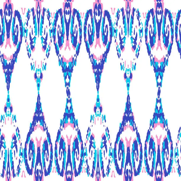 Vector illustration of Ethnic Vector Pattern. Bohemian Peacock Print. Geometric Ikat Seamless Design. Abstract Modern Batik. Indigo Blue and Red Vintage Ornament. Rhombus Watercolor Background. Fashion Retro Art.