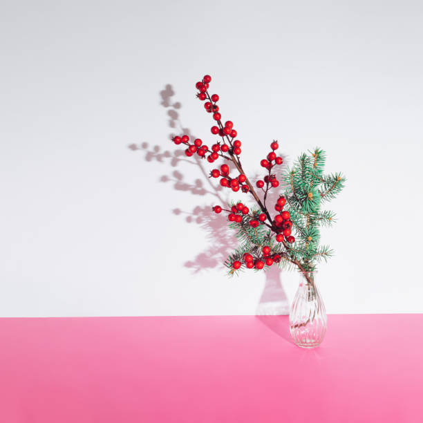 istock Minimal winter holidays composition with one decorative branch of Christmas tree and red berries in a transparent bottle. Xmas and New Year concept. 1441403073
