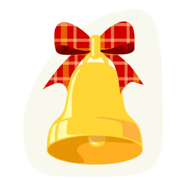 Vector illustration of Clip art of golden Christmas bell with red tartan ribbon and bow.