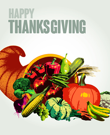 Posterised or Pop Art styled Thanksgiving theme. cornucopia, Vegetable,fruit,