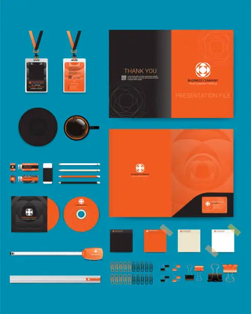 Vector illustration of Professional business stationery items set black orange modern color styles vector illustration eps