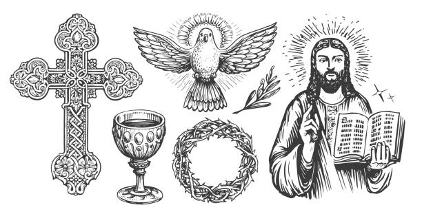 ilustrações de stock, clip art, desenhos animados e ícones de faith in god concept sketch. worship, church, religious symbols in vintage engraving style. vector illustration - religious illustration