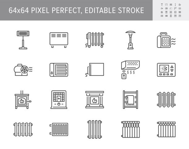 Heaters line icons. Vector illustration include icon - electric fireplace, pellet stove, thermostat, convector radiator outline pictogram for interior climate. 64x64 Pixel Perfect, Editable Stroke Heaters line icons. Vector illustration include icon - electric fireplace, pellet stove, thermostat, convector radiator outline pictogram for interior climate. 64x64 Pixel Perfect, Editable Stroke. radiator stock illustrations