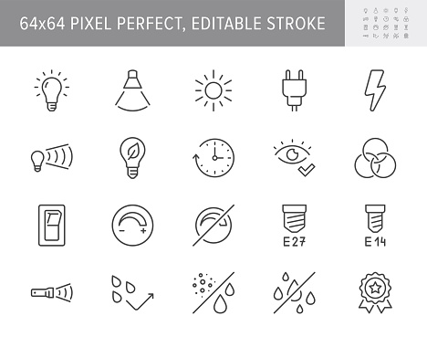 Lamp properties line icons. Vector illustration include icon - brightness, beam angle, electric plug, lumen, flashlight, dimmer outline pictogram for light bulb. 64x64 Pixel Perfect, Editable Stroke.