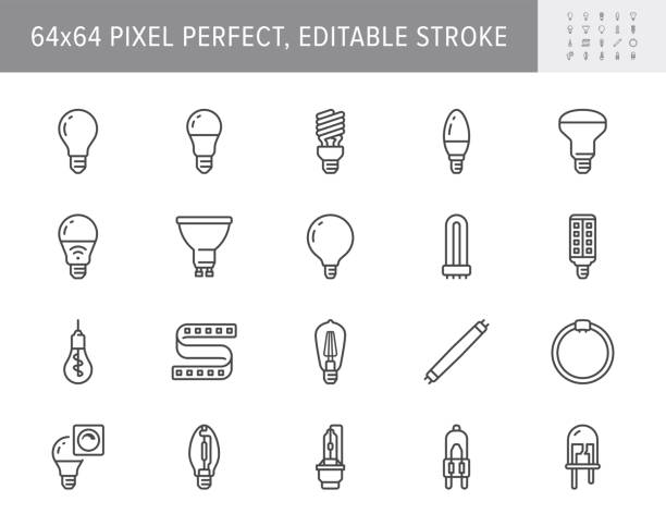 ilustrações de stock, clip art, desenhos animados e ícones de light bulb line icons. vector illustration include icon - led, diode, reflector, spiral, halogen, compact fluorescent, incandescent outline pictogram for lamp. 64x64 pixel perfect, editable stroke - household equipment light bulb compact fluorescent lightbulb lighting equipment