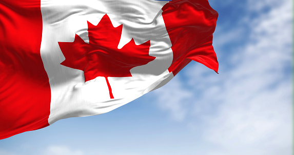 Canada national flag waving in the wind on a clear day. Canada is a country in North America. Selective focus. 3D illustration
