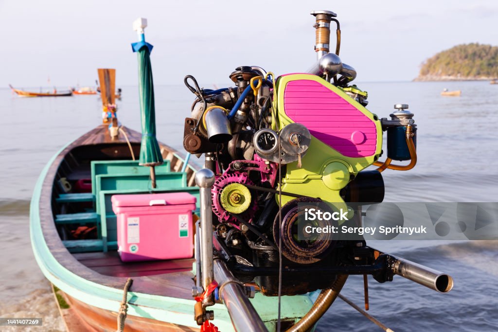 Internal combustion engine on a fishing boat Bay of Water Stock Photo