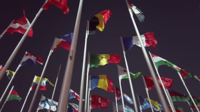 Flags of the different countries wave in slow motion against dark night sky