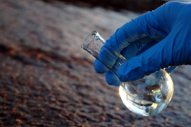 istock Hand in glove holding water sample for analysis on dark natural background. Ecology concept. Copy space 1441409491