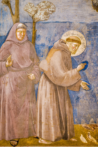 Monte oliveto, tuscany,  italy, june 15, 2016 : frescoes of the Life of St. Benedict painted by Luca Signorelli and il Sodoma, in the great cloister, 15th century