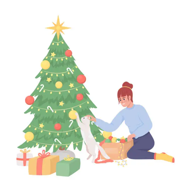 Vector illustration of Girl keeping cat away from messing with Christmas tree semi flat color vector characters