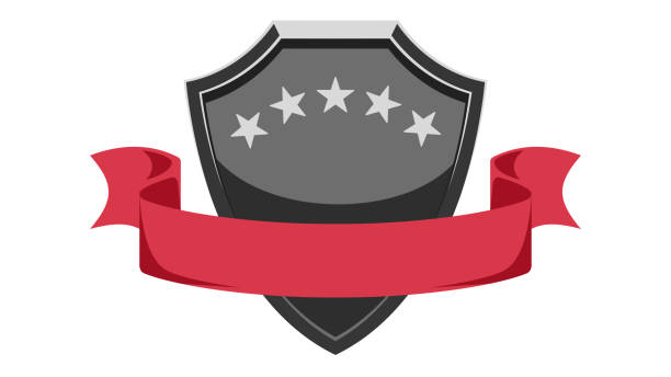 illustrations, cliparts, dessins animés et icônes de un bouclier noir avec des étoiles et un ruban rouge isolé sur fond blanc. - shielding shield security red