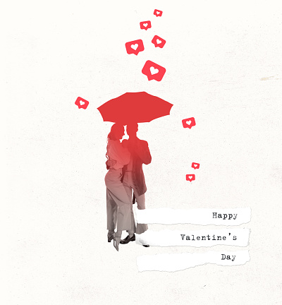 Contemporary art collage. Creative design in retro style. Silhouette of couple standing together under umbrella. Valentines Day postcard. Concept of relationship, love, feelings. Copy space for ad