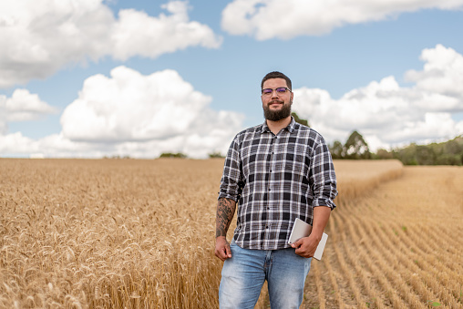 Agronomist using digital tablet in wheat field