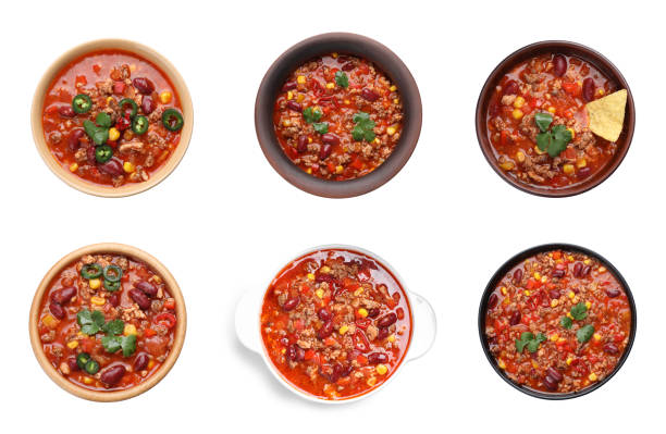 istock Set with tasty chili con carne on white background, top view 1441416083