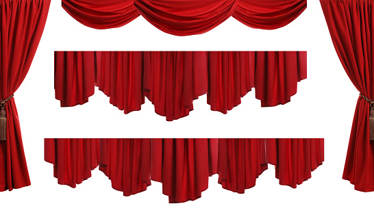 Set with beautiful red curtains on white background