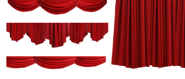 istock Set with beautiful red curtains on white background. Banner design 1441416209