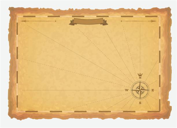 Ancient paper map template Map template. Wind rose, and text banner ribbon on old brown paper. Treasure map template or document. Antique realistic blank map. Ancient old yellow paper, with scratches and torn edge. treasure map texture stock illustrations