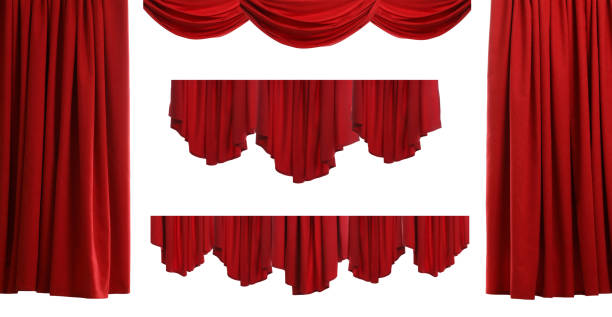 istock Set with beautiful red curtains on white background 1441416335