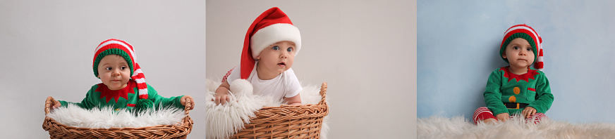 Collage with photos of cute babies on different color backgrounds, banner design. First Christmas