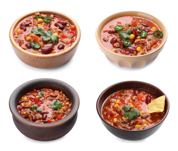 istock Set with tasty chili con carne on white background 1441416616