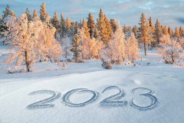 2023 written in the snow, winter landscape greeting card stock photo