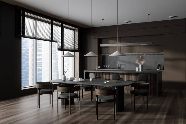 istock Brown kitchen interior with bar island and cooking zone, dining area and window 1441417881