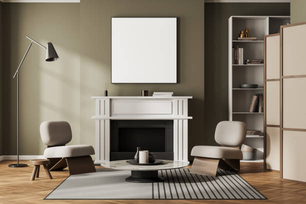 istock Stylish relax interior with seats and fireplace with decor. Mockup frame 1441418272
