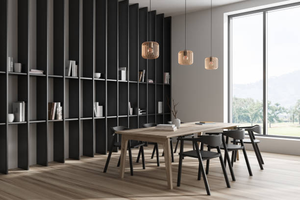 istock Light dining room interior with table and chairs, decoration and window 1441418583