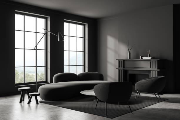 istock Grey living room interior with couch and fireplace, panoramic window 1441418619