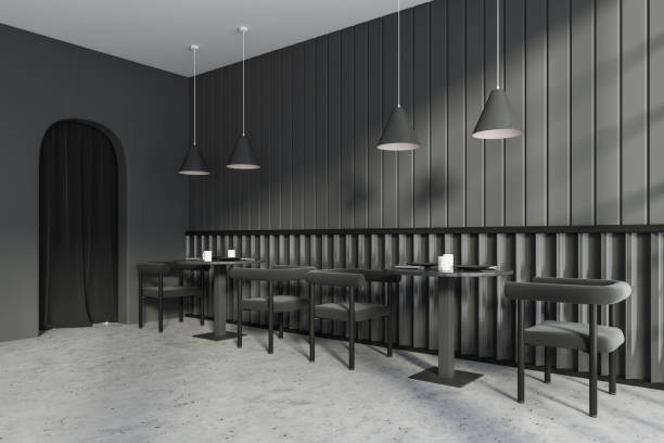 istock Grey cafe interior with seats and table, arch door 1441418832