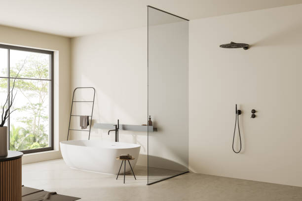 istock Corner view on bright bathroom interior with bathtub, shower 1441418991