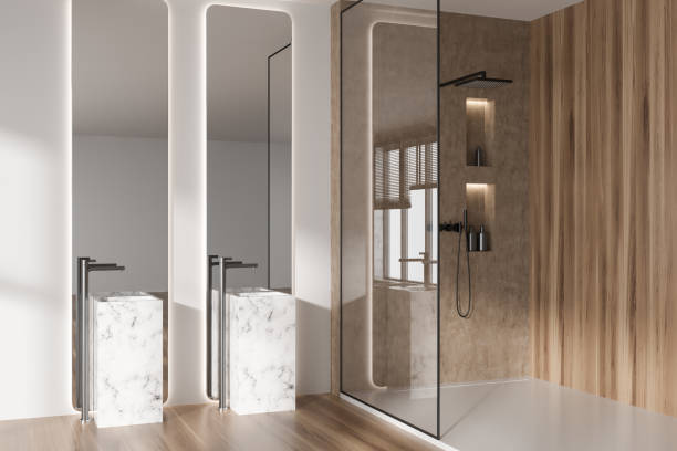 istock Elegant bathroom interior with double sink and douche in the corner 1441419008