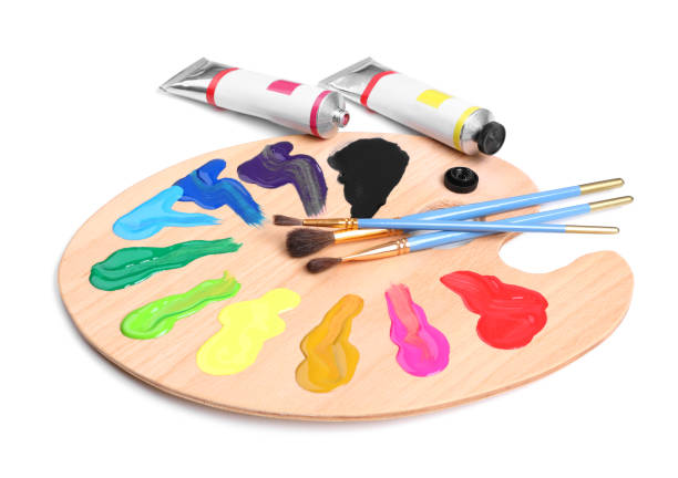 istock Palette with acrylic paints and brushes on white background. Artist equipment 1441419692