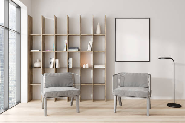 istock Light relax room interior with seats and shelf, panoramic window. Mockup frame 1441419737