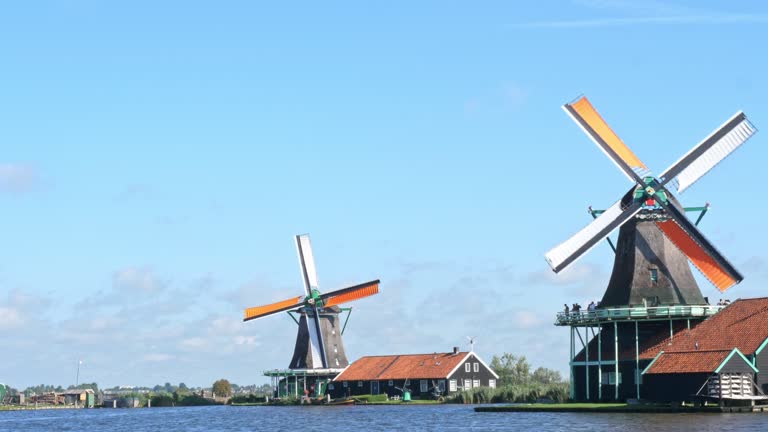 Amsterdam area. Windmills along a Canal