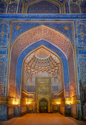 Interior of Tilya Kori Mosque and Madrasah located in Registan Square, in Samarkand, Uzbekistan