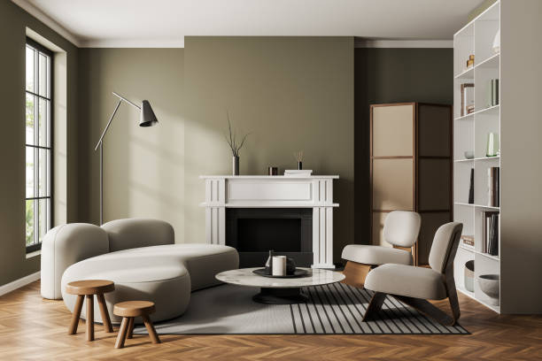 istock Cozy chill room interior with soft place and fireplace, decor and panoramic window 1441420330