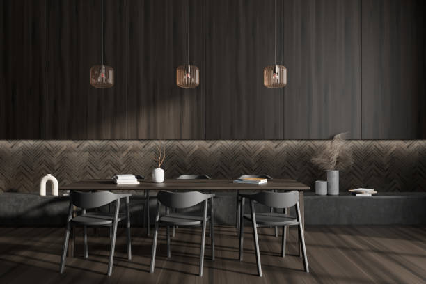 istock Brown living room interior with eating table and chairs, decoration 1441420544