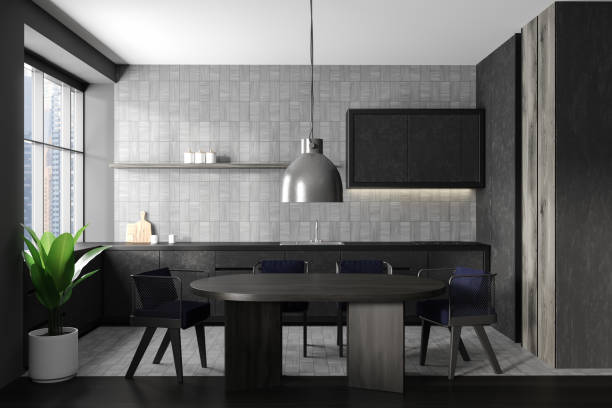 istock Grey kitchen interior with eating area and shelves, panoramic window 1441420728
