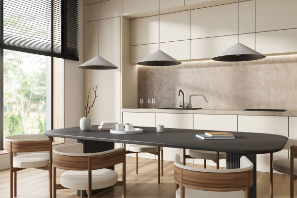 istock Stylish kitchen interior with eating and cooking area, panoramic window 1441420860