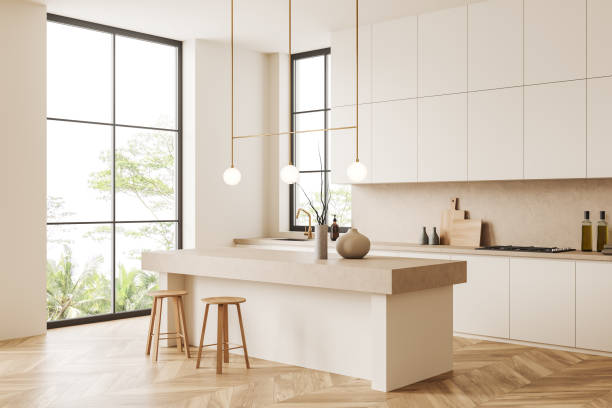 istock Cozy kitchen interior with bar countertop and chairs, panoramic window 1441420881
