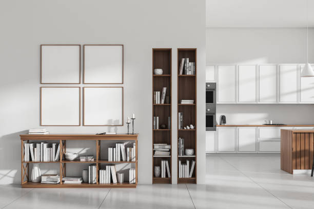 istock Stylish kitchen interior with drawer and decor, cooking zone. Mockup frames 1441421869