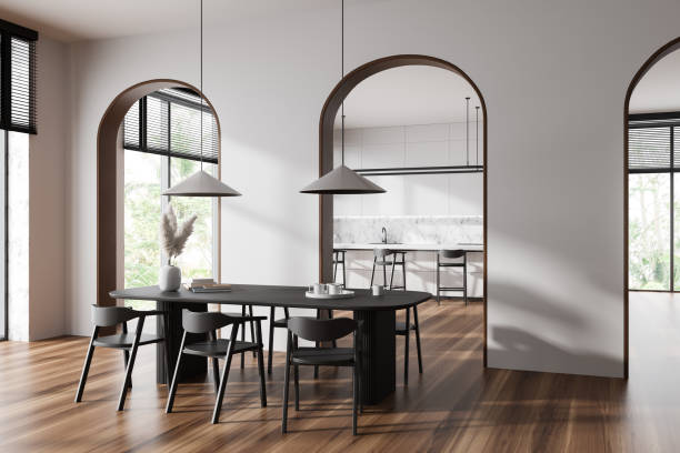 istock Luxury kitchen interior with cooking and dining area, panoramic window 1441421932
