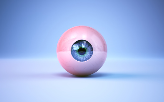 3d render Realistic Bright Eyeball Blue, on Blue Endless Background, Can be used for medical presentations. (Close-up)