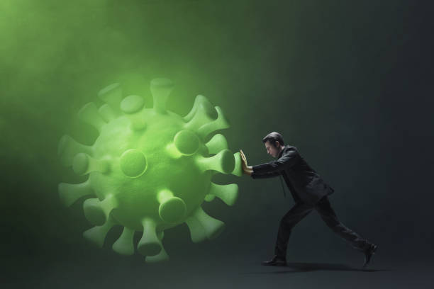 istock Business man pushing virus 3d illustration 1441427593