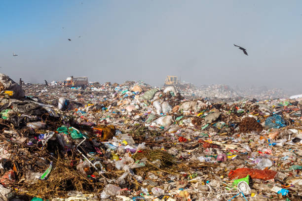 istock Burning trash piles in landfill with people recycling trash 1441428886