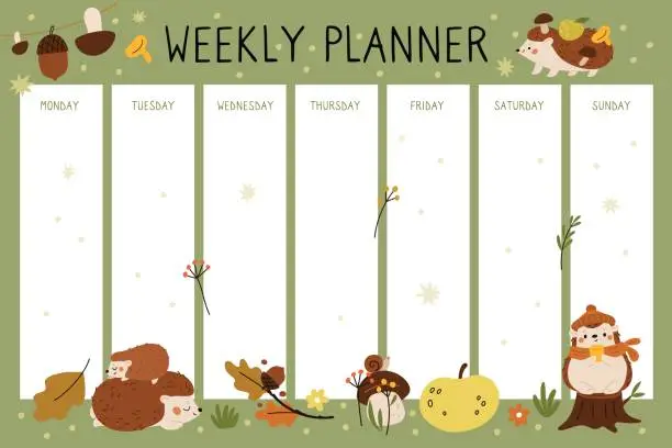 Vector illustration of Cute hedgehogs lesson schedule. Funny kids weekly planner. Wildlife characters. Forest animals. School autumn season. Mammals with mushrooms. Timetable template. Garish vector concept